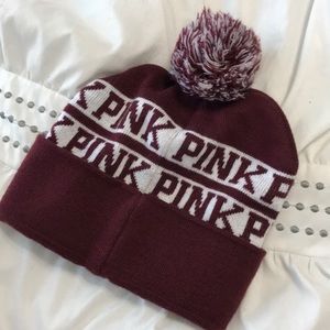burgundy pom pom beanie; vs pink